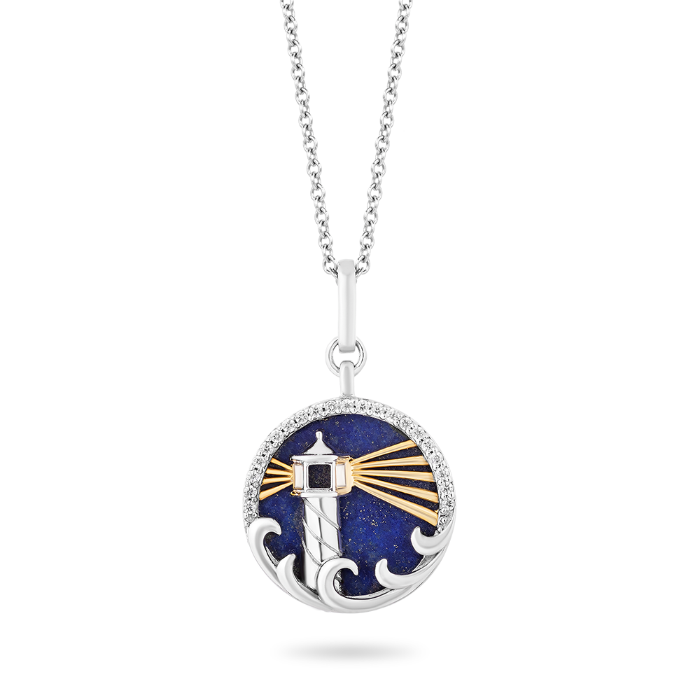 Hallmark Fine Jewelry Lighthouse Diamond Pendant in Sterling Silver & Yellow Gold & Lapis View 1